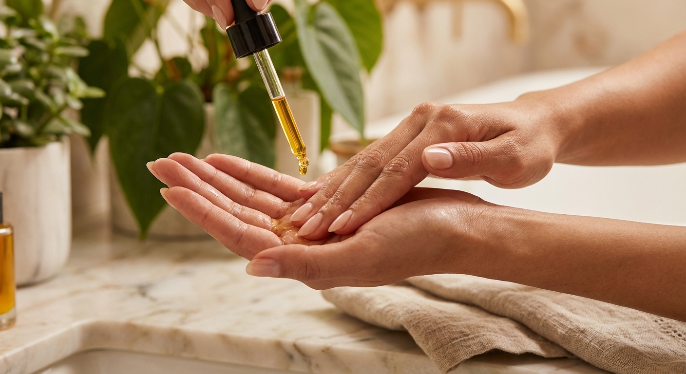 페이셜 오일을 손바닥에 덜어 펴 바르는 장면