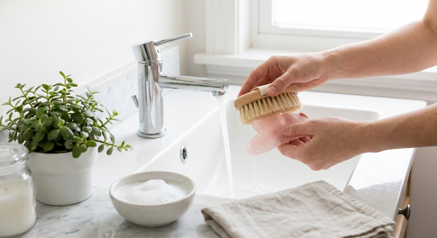 괄사 사용 후 깨끗하게 세척하는 장면