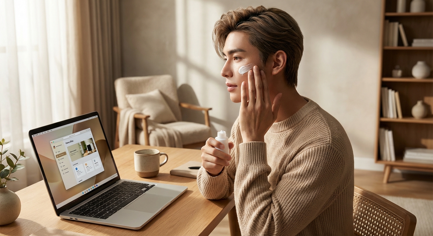 노트북 앞에서 선크림을 바르는 모습