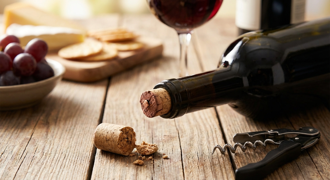 와인병과 부러진 코르크가 함께 놓인 모습