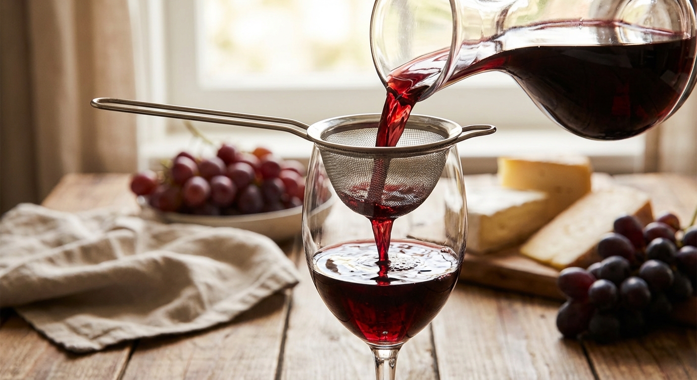 거름망으로 와인을 따르는 모습