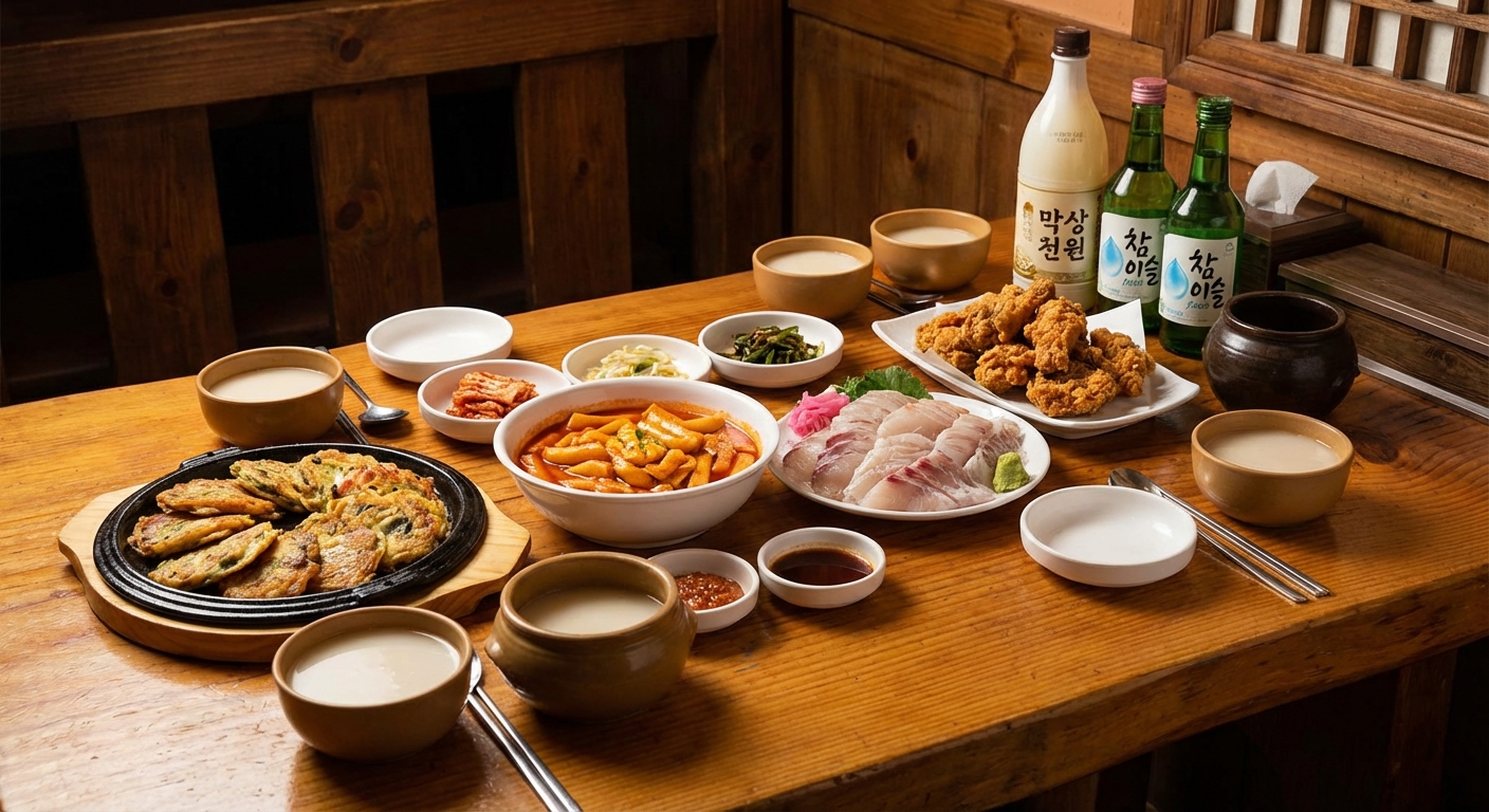 다양한 안주가 놓인 술상 풍경