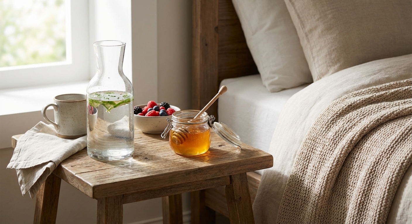 물병과 꿀이 놓인 침대 옆 테이블