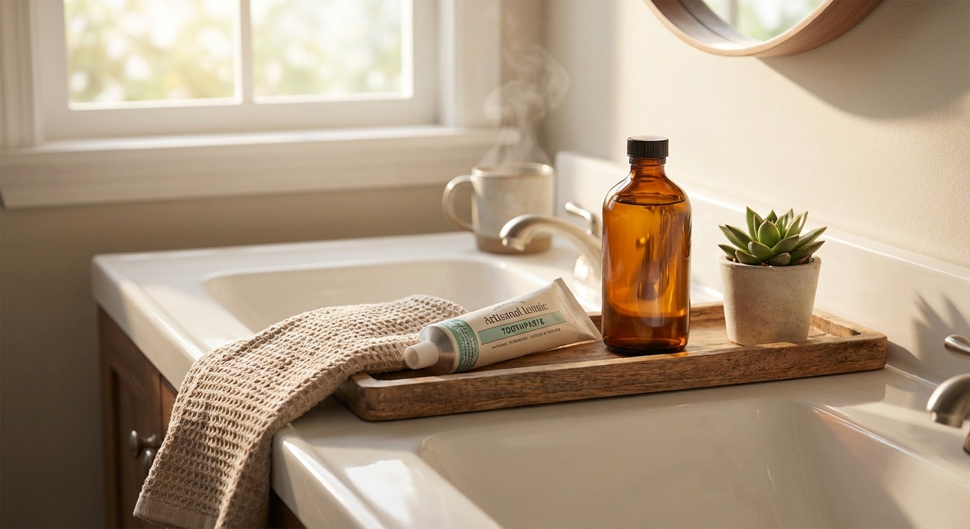 세면대 위 치약과 가글이 함께 놓인 모습