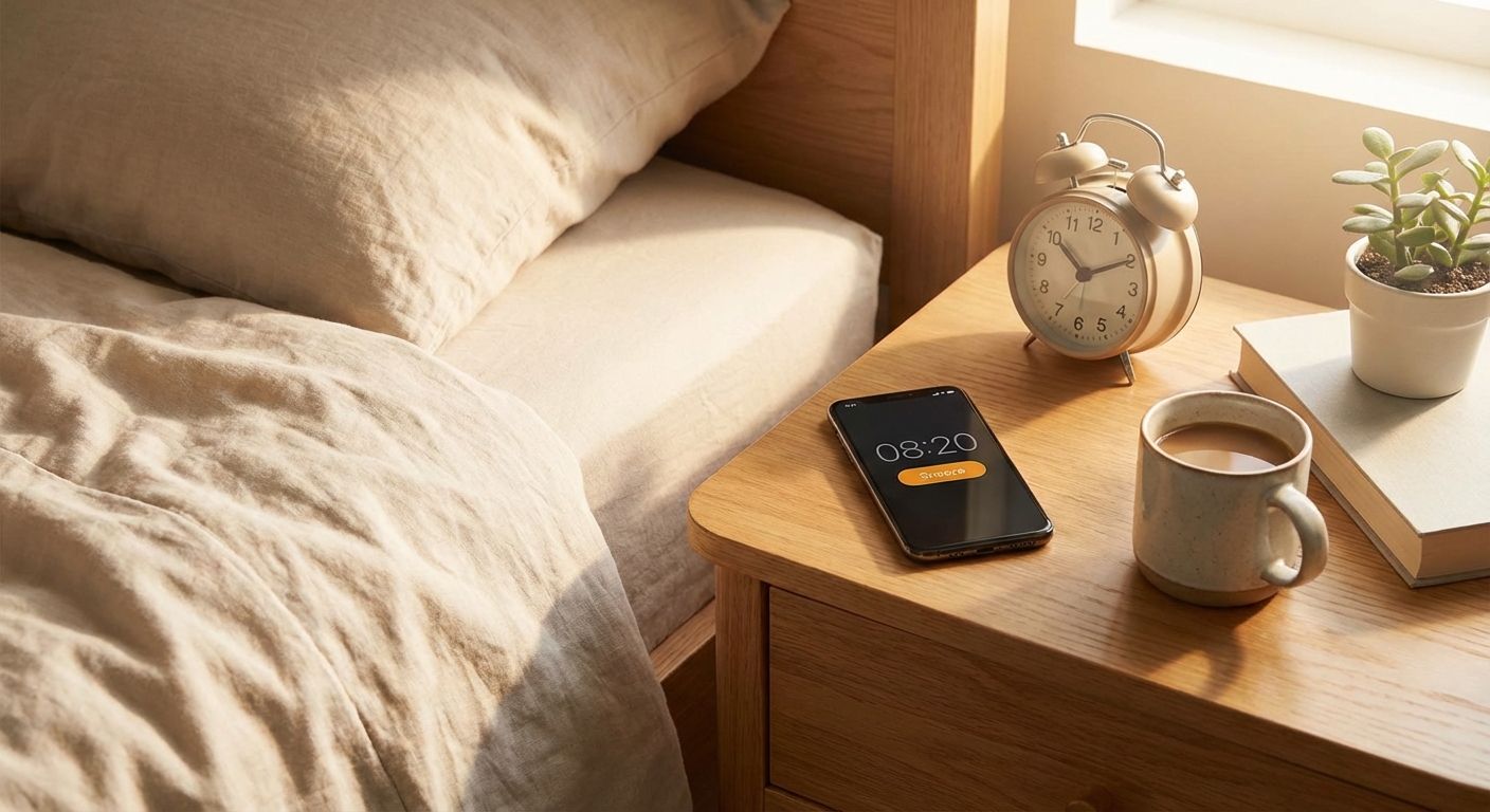 침대 옆 협탁에 놓인 스마트폰과 알람시계