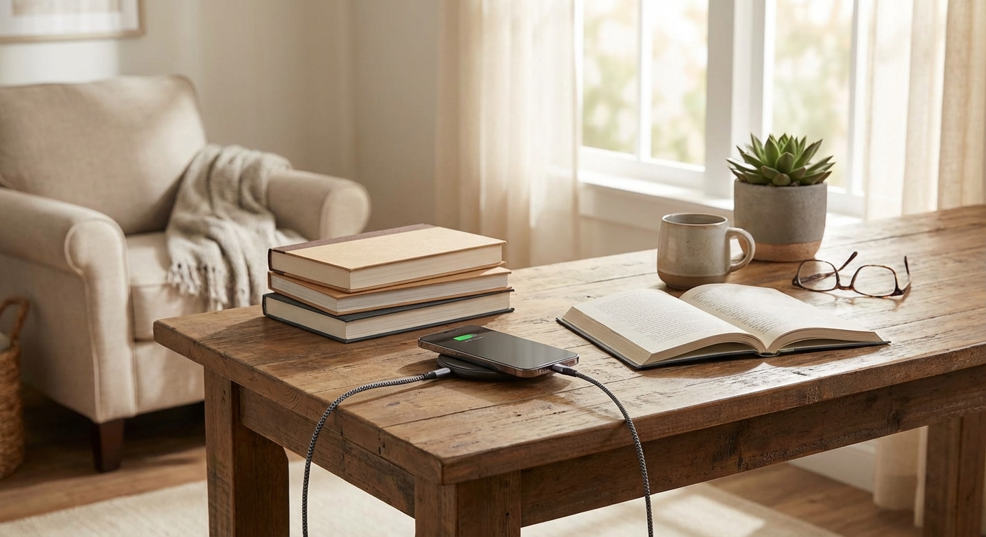 거실 책상 위 충전 중인 스마트폰과 책