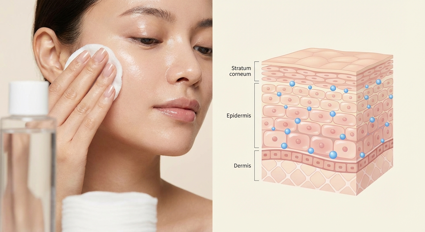 화장솜에 토너를 묻혀 얼굴을 닦아내는 모습과 건강한 피부장벽 구조 비교 이미지