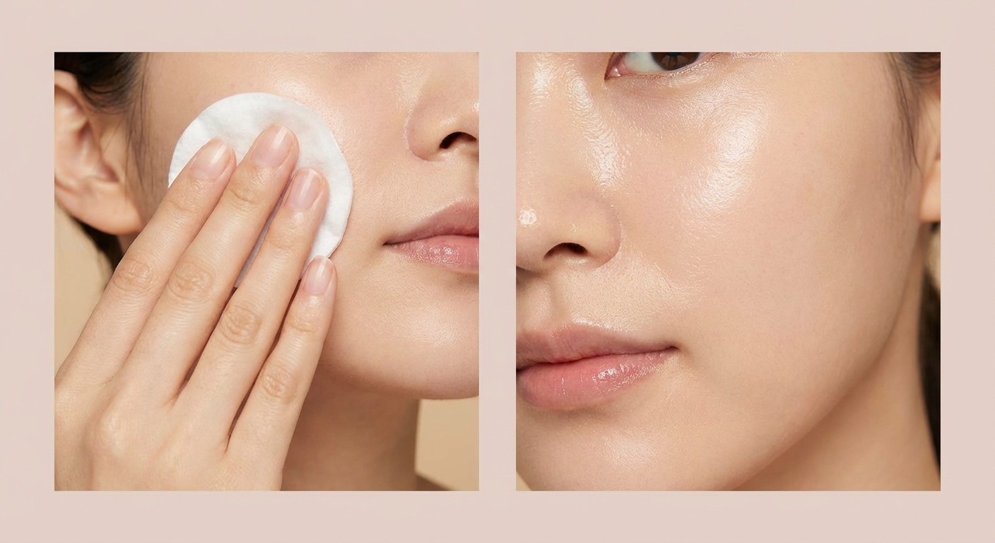 손으로 토너를 두드리는 모습과 건강한 피부 상태를 보여주는 비교 컷