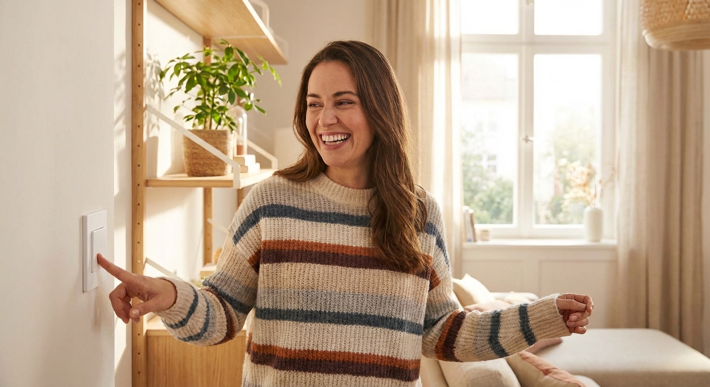 환하게 웃으며 콘센트 스위치를 누르는 사람의 모습