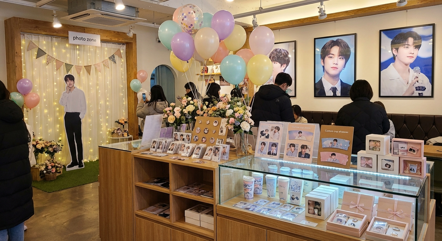 아이돌 생일카페 포토존과 굿즈가 진열된 모습