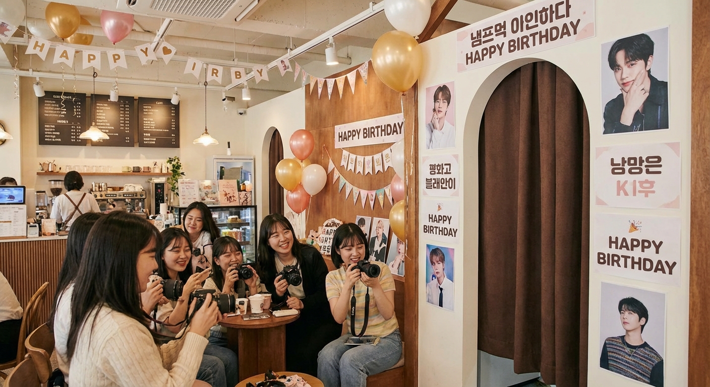 생일카페 포토존에서 사진 찍는 팬들의 모습