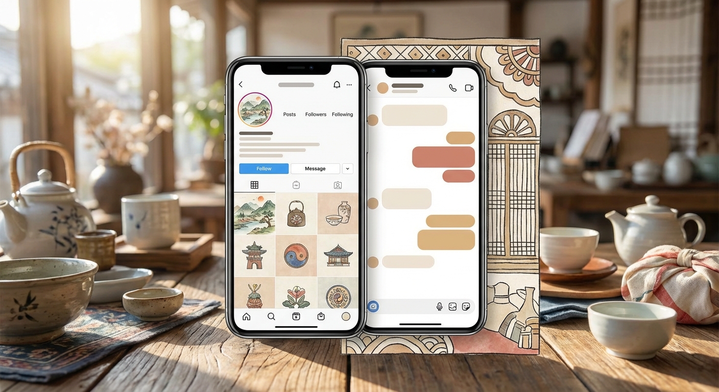 인스타그램 프로필과 DM 화면이 보이는 스마트폰