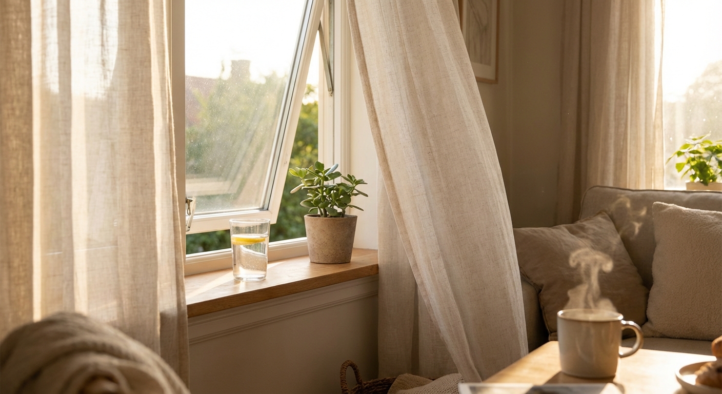 아침 환기하는 창문과 물컵