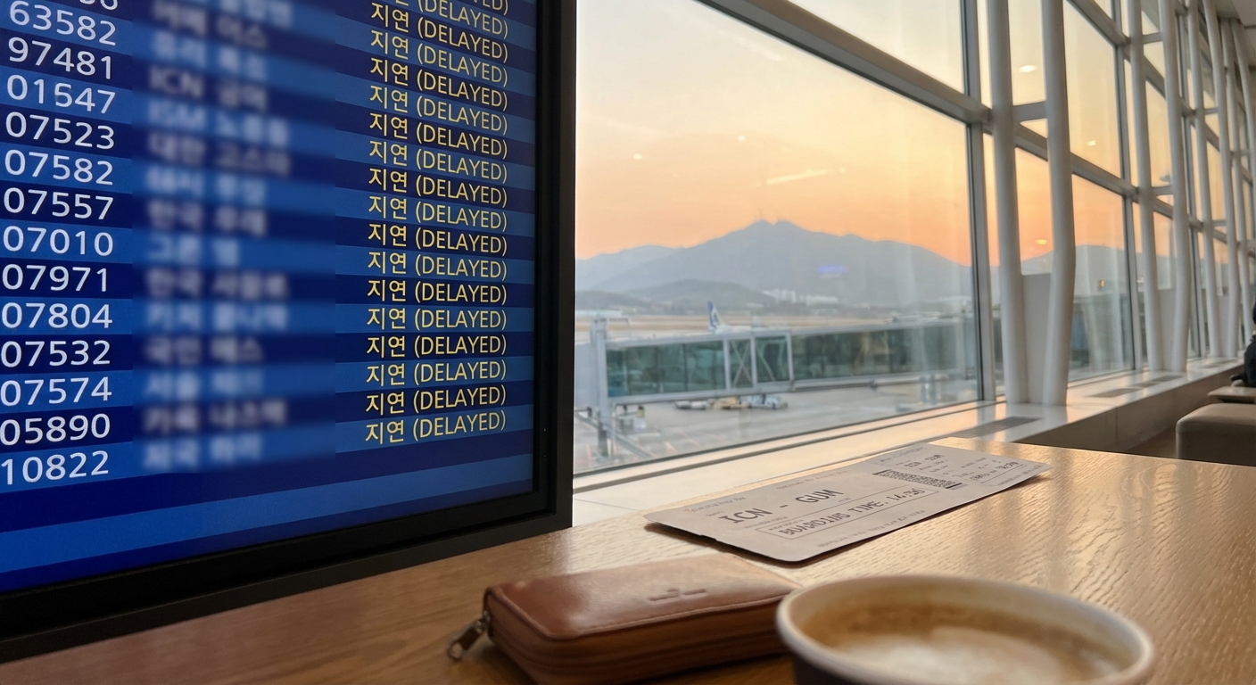 비행기 지연 안내판과 탑승권