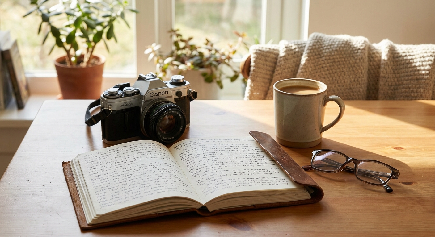 구형 필름카메라와 손글씨 다이어리