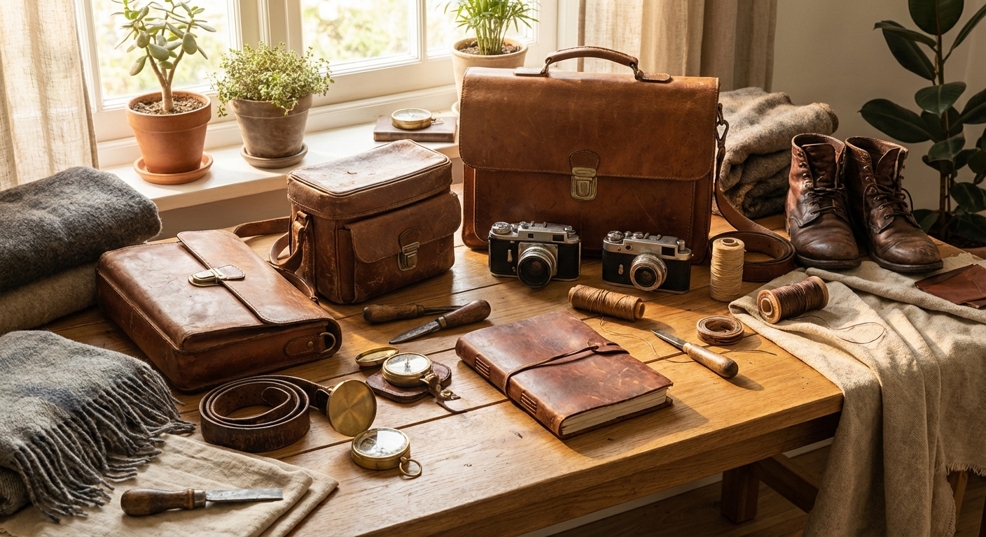 오래된 가죽 제품들과 빈티지 소품들