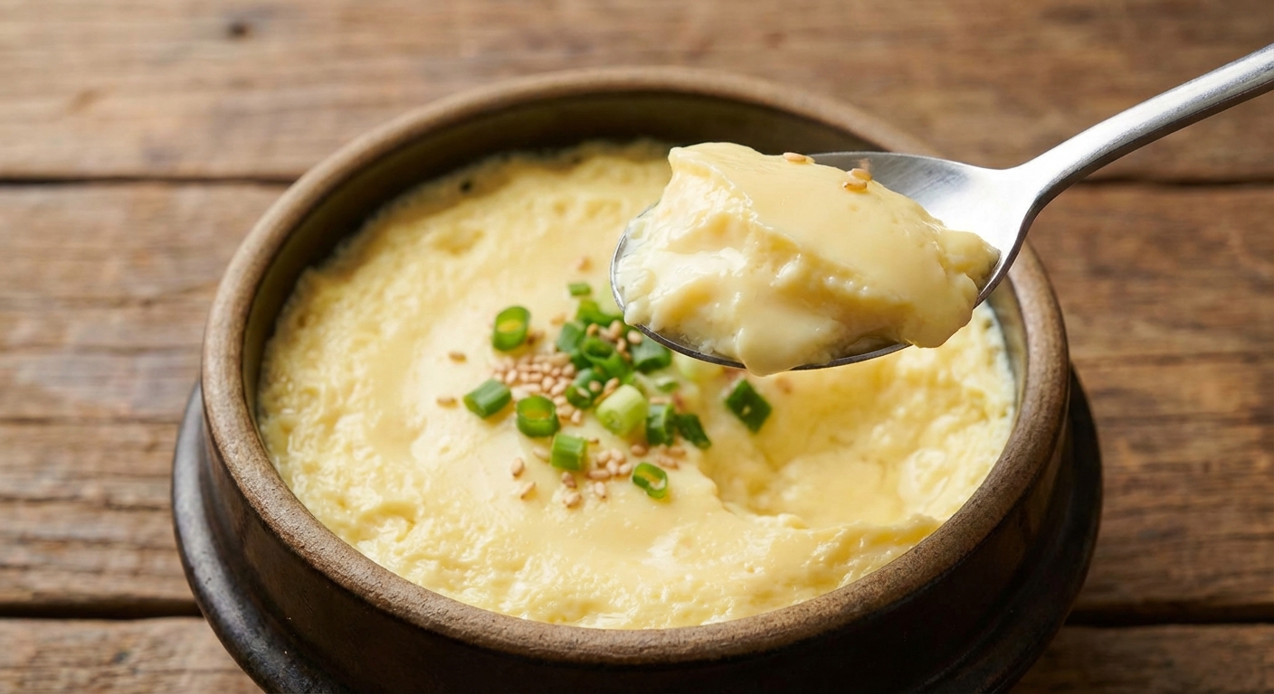 완성된 푸딩 계란찜을 숟가락으로 떠는 모습