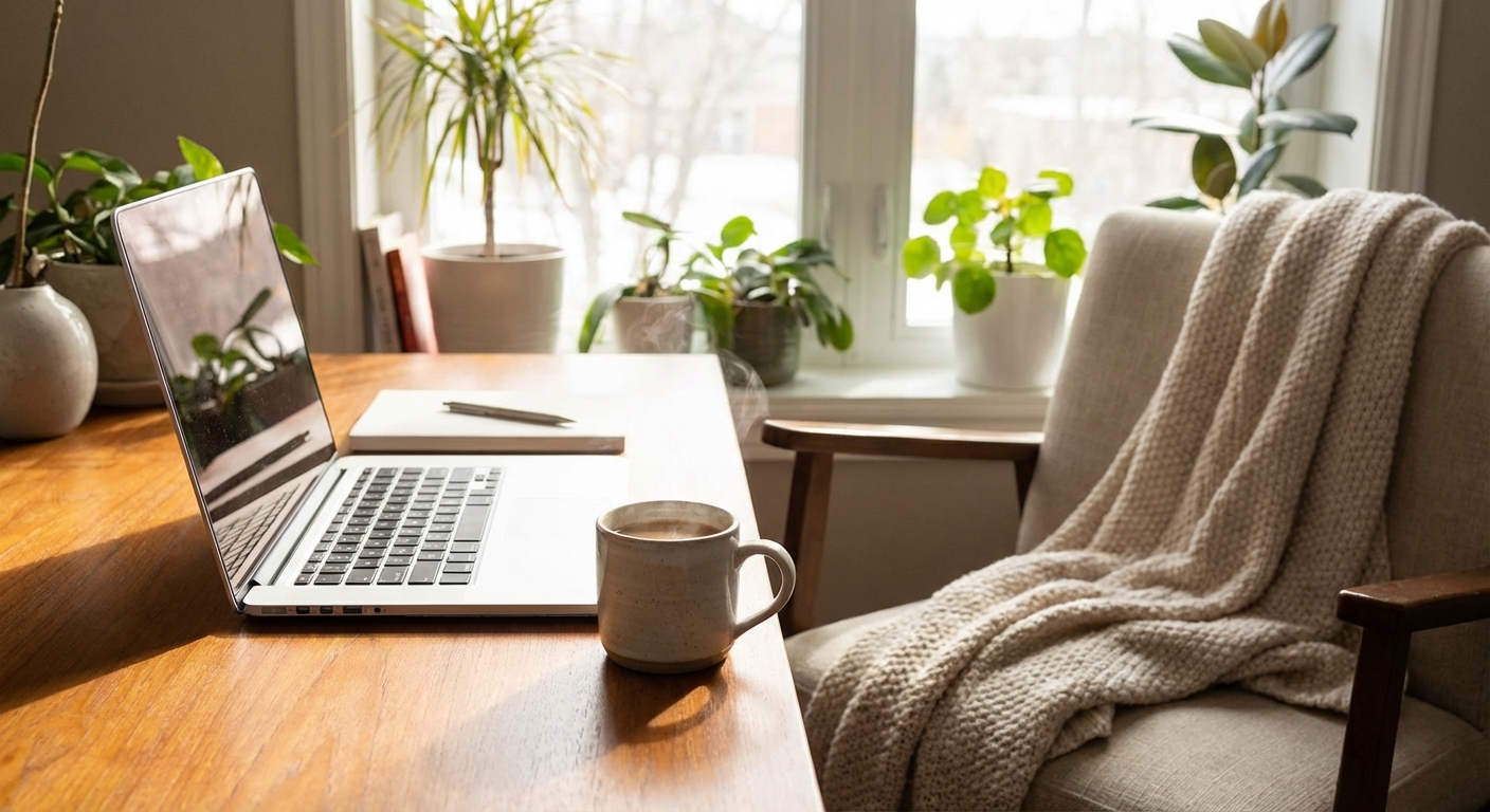 노트북과 커피, 편안한 재택 작업 환경