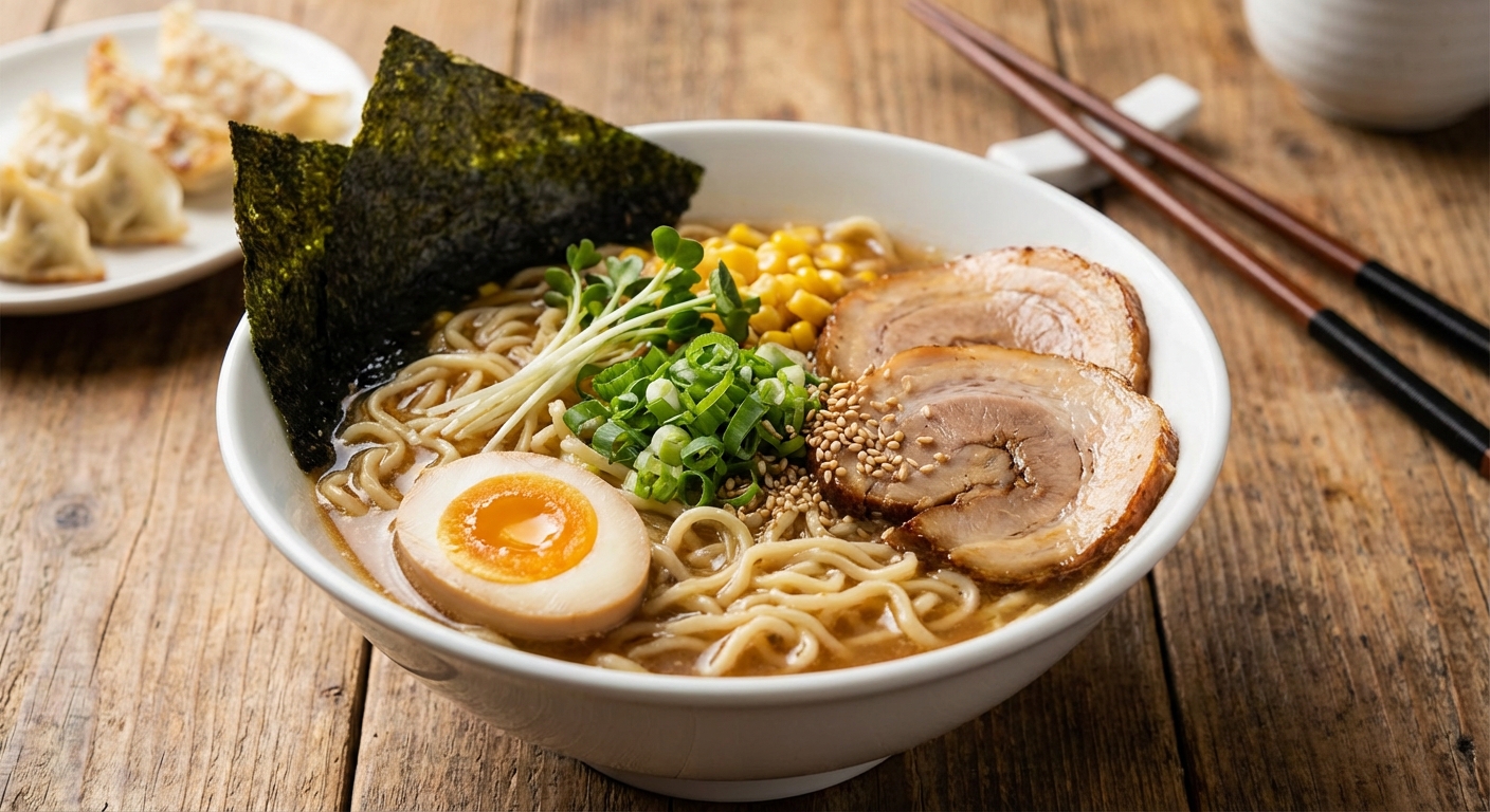 완성된 라면과 토핑들