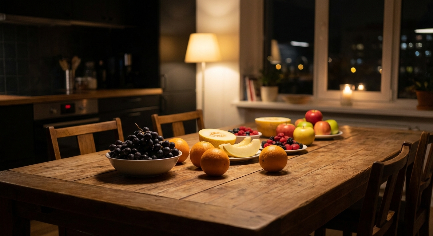 밤 시간대 식탁 위에 놓인 다양한 과일들