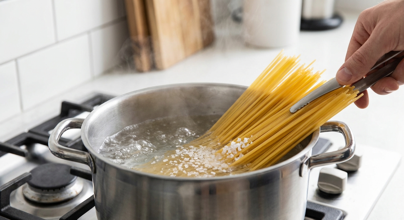 끓는 물에 소금을 넣고 파스타를 삶는 장면