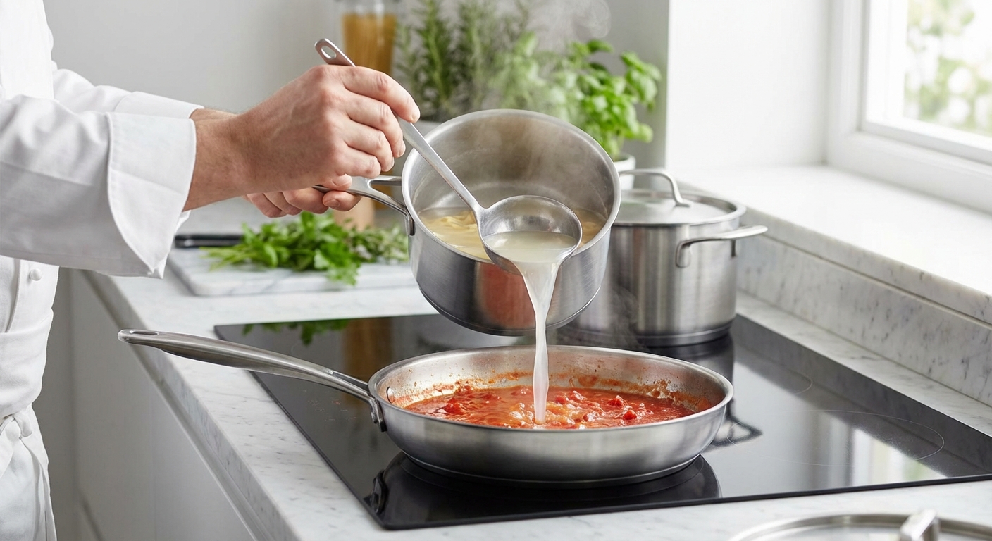 파스타 면수를 소스에 넣는 장면