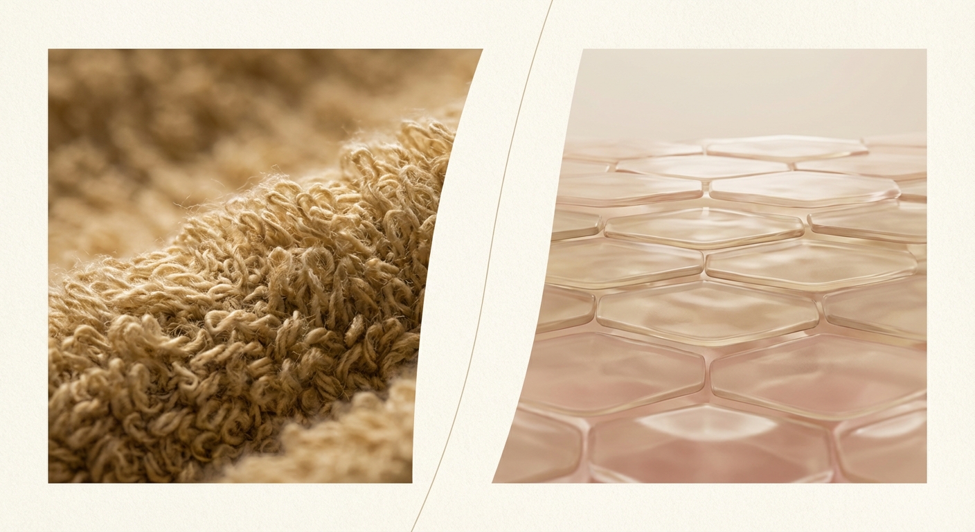 수건 섬유 확대 사진과 피부 각질층 구조 비교