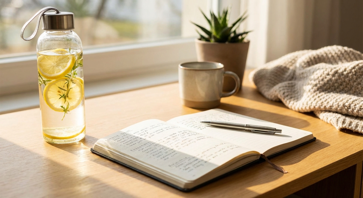 책상 위 복용 노트와 물병