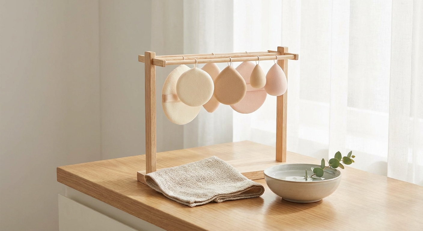 깨끗하게 세척되어 건조 중인 여러 개의 퍼프