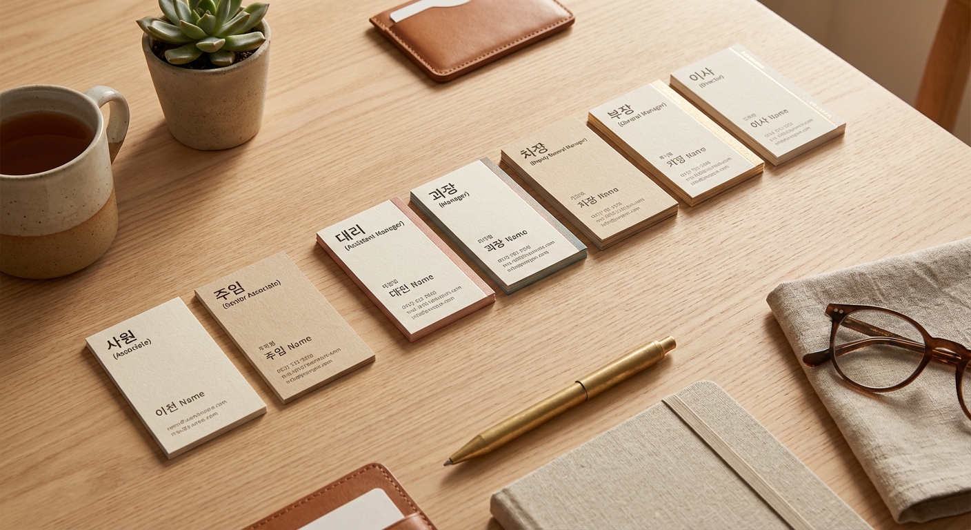직급별 명함이 나열된 평면 사진