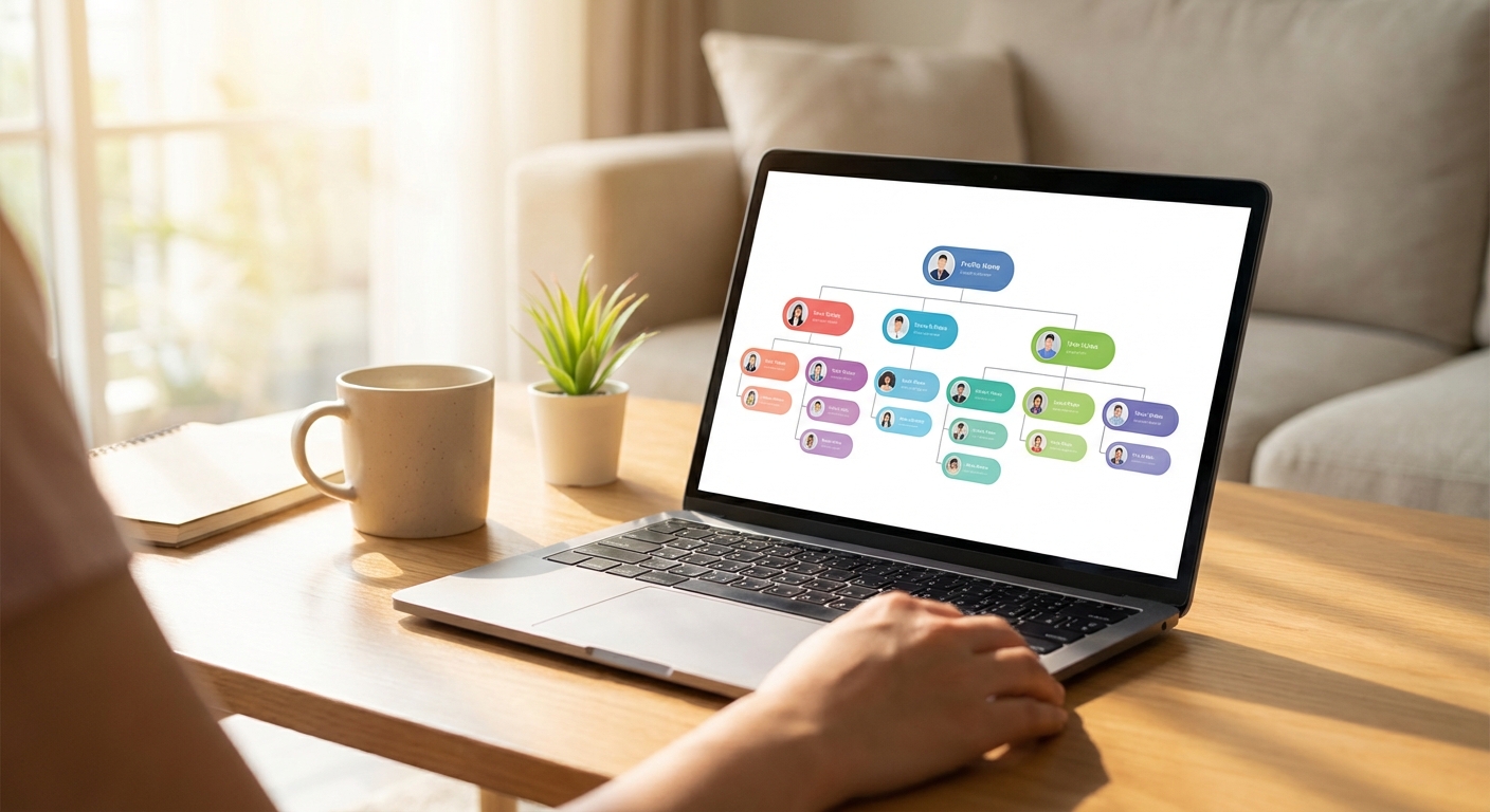 회사 조직도를 노트북 화면으로 보는 장면