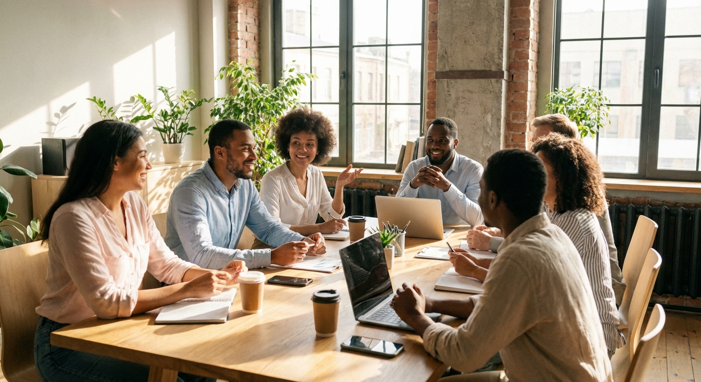 회의실에서 다양한 연령대의 직원들이 논의하는 장면