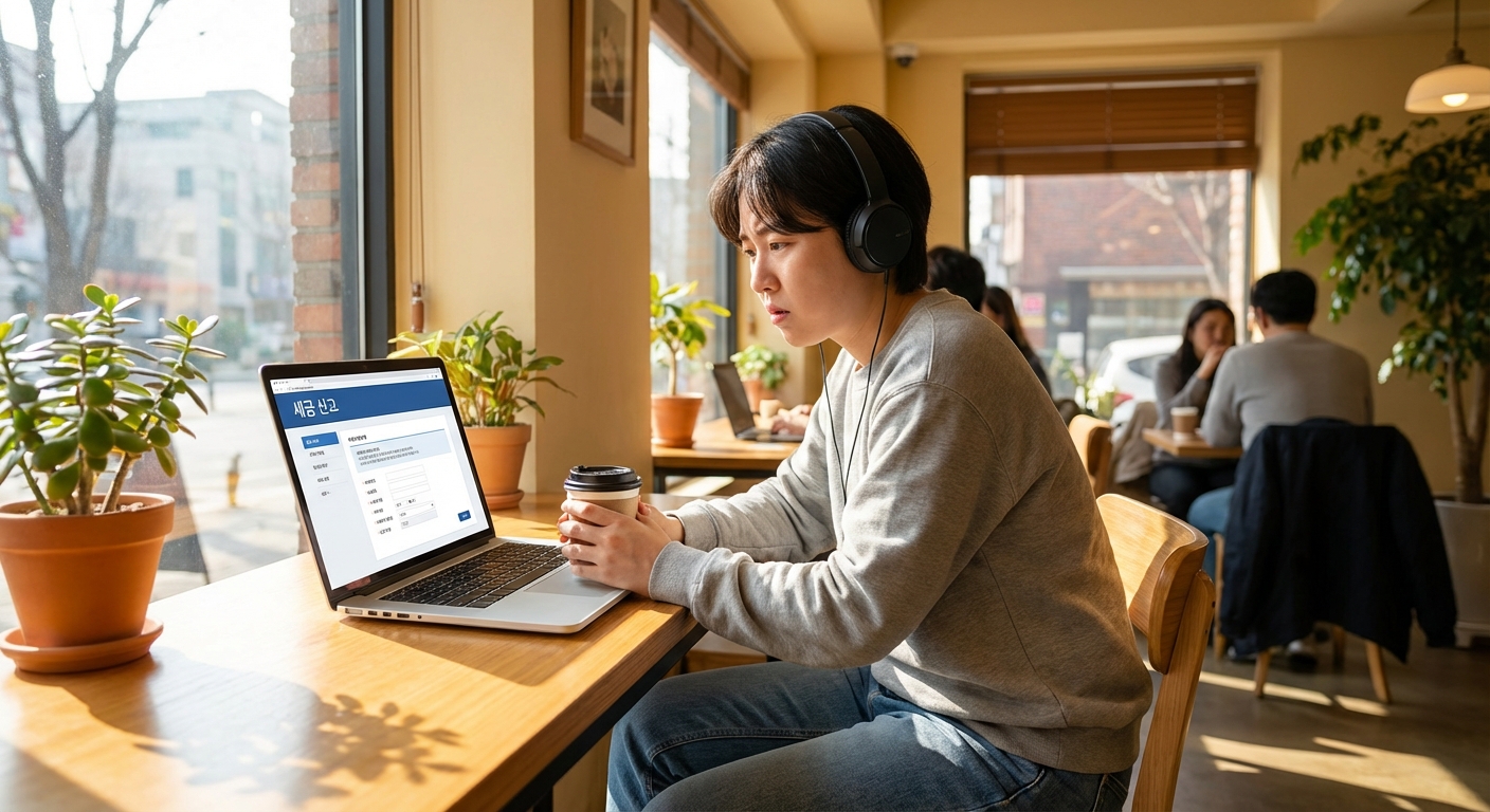 프리랜서가 카페에서 세금 신고 화면을 보고 있는 장면