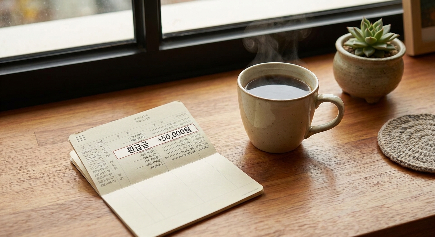 환급금 통장 잔액과 커피 한 잔이 놓인 테이블