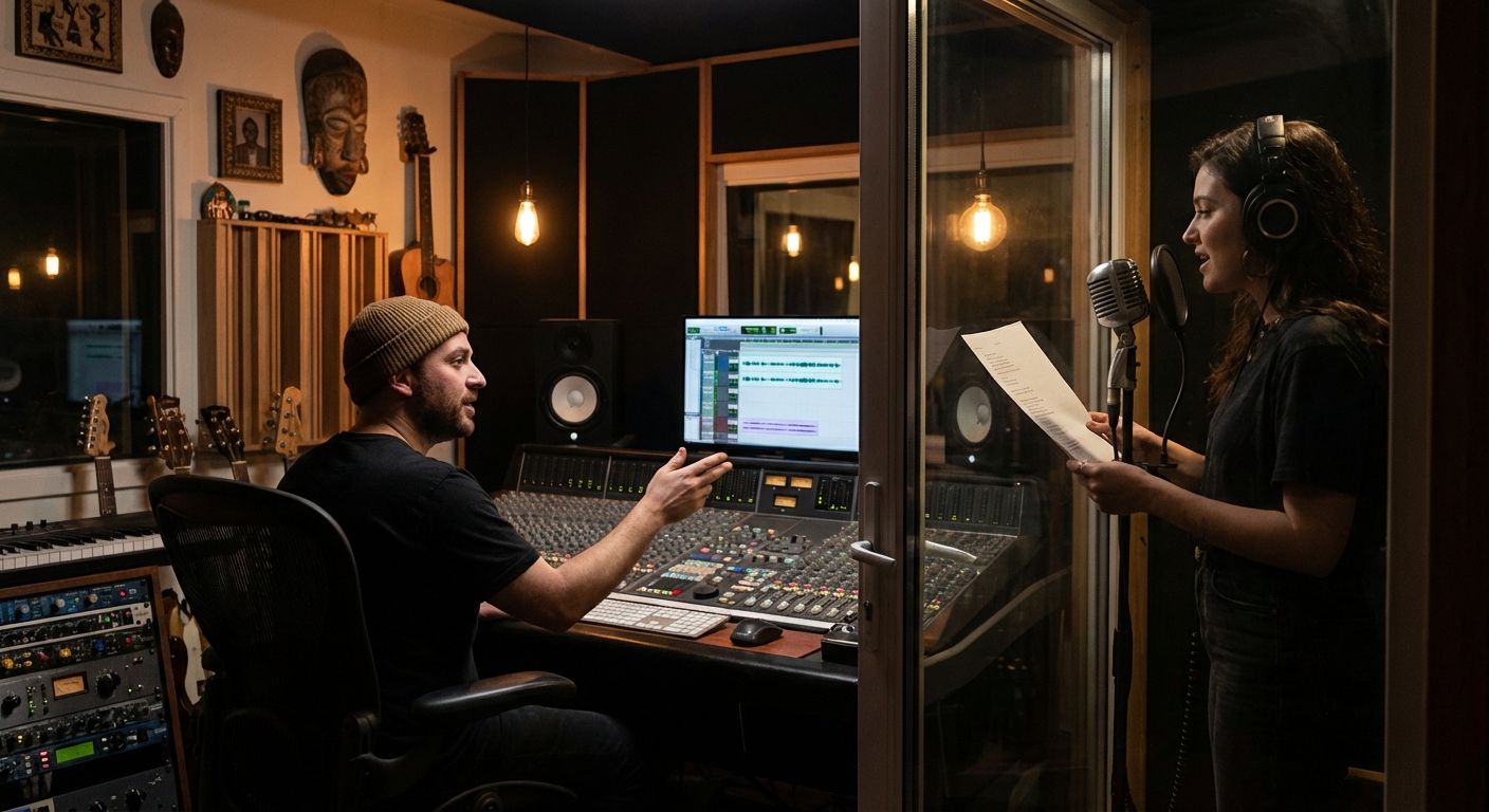 녹음실에서 작업 중인 프로듀서와 가수