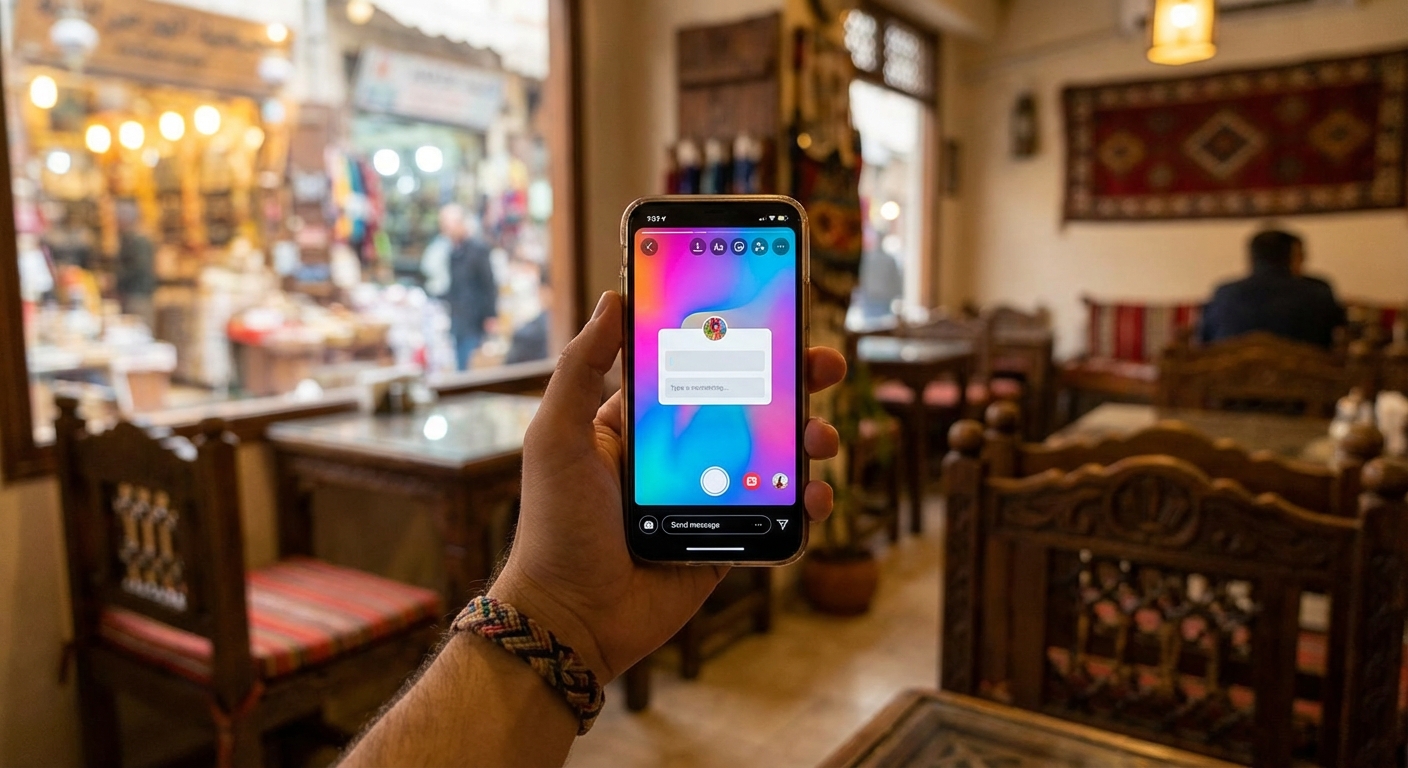 스마트폰으로 인스타그램 스토리를 보는 손