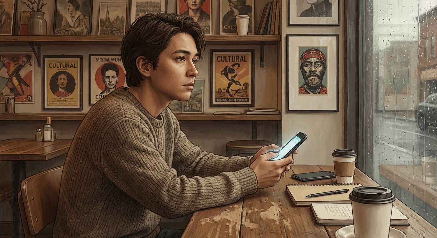 카페에서 스마트폰을 보며 생각에 잠긴 사람