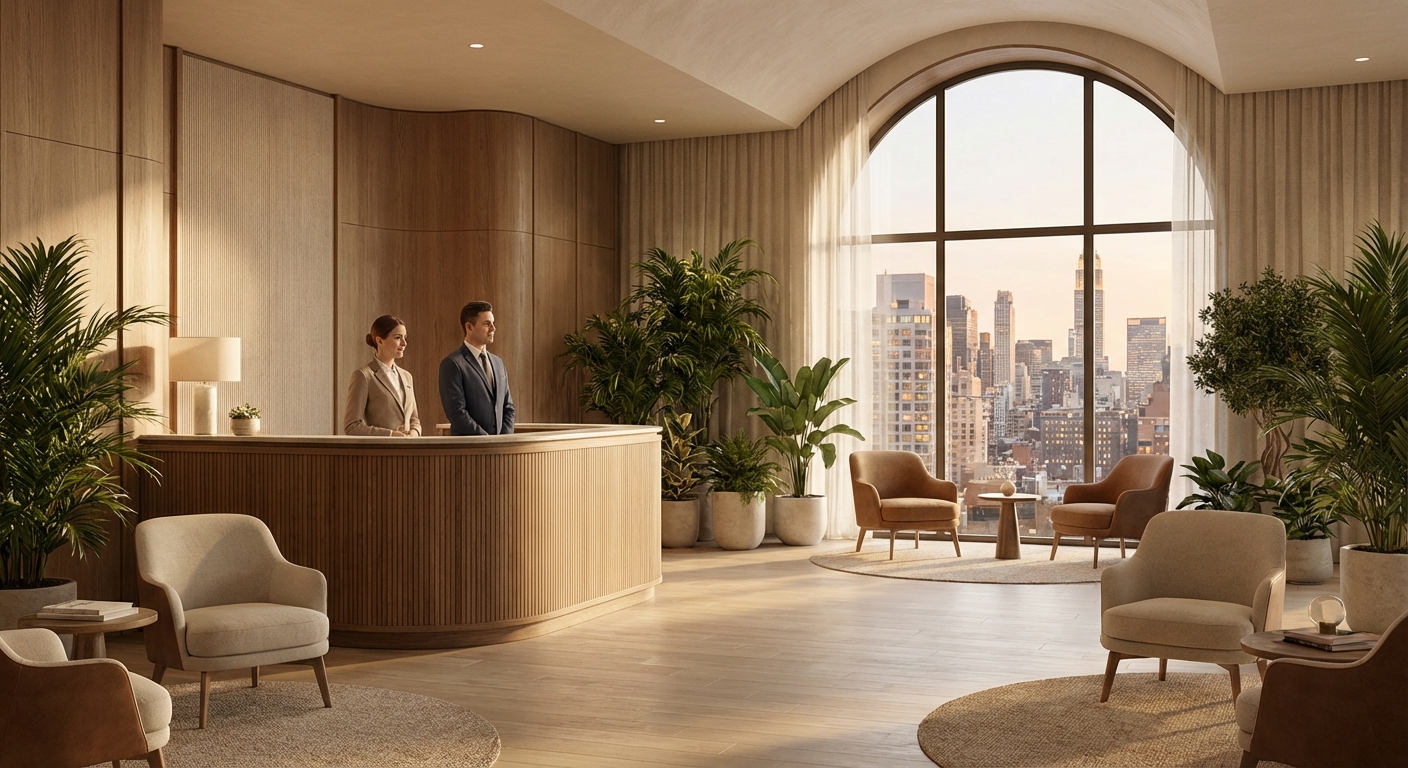 라운지 입구와 안내 데스크 풍경