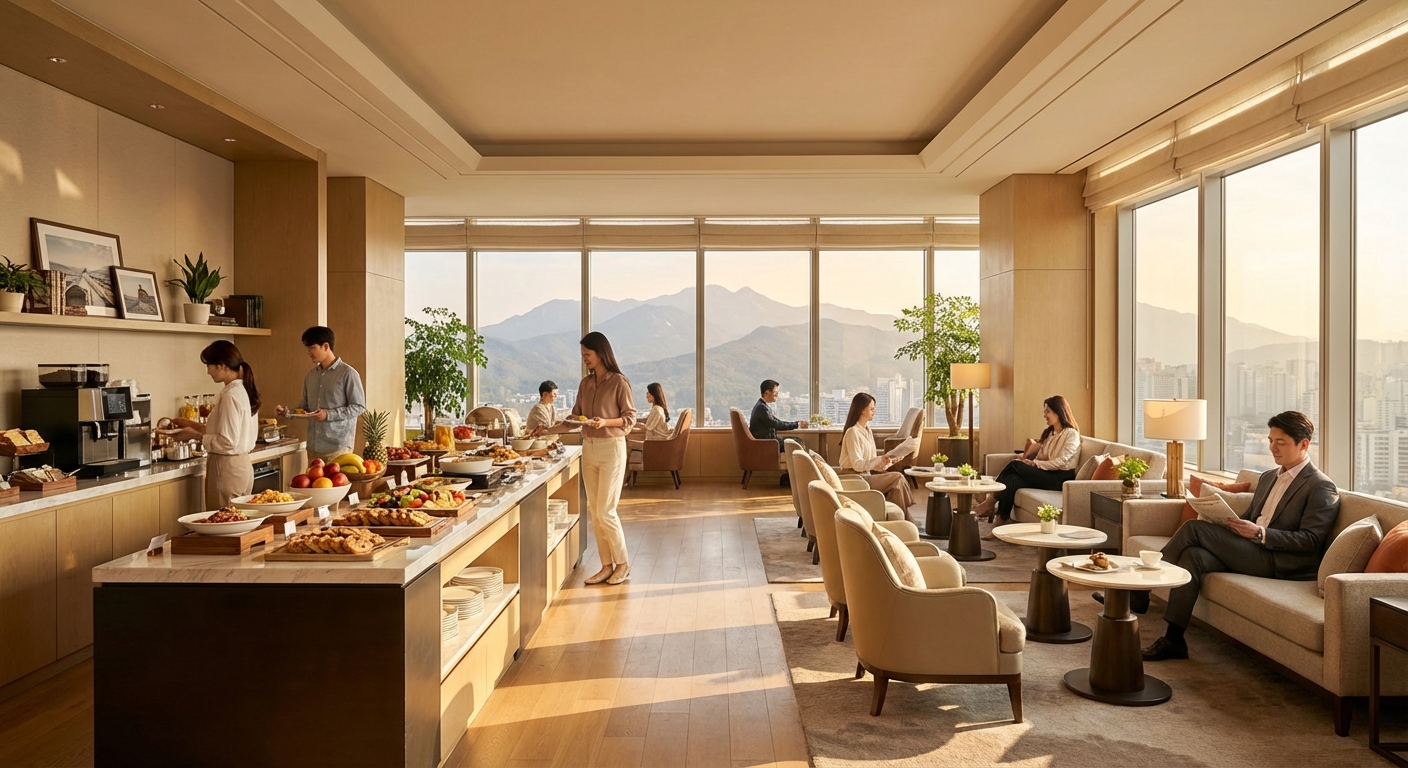 라운지 내 음식 뷔페와 좌석 공간