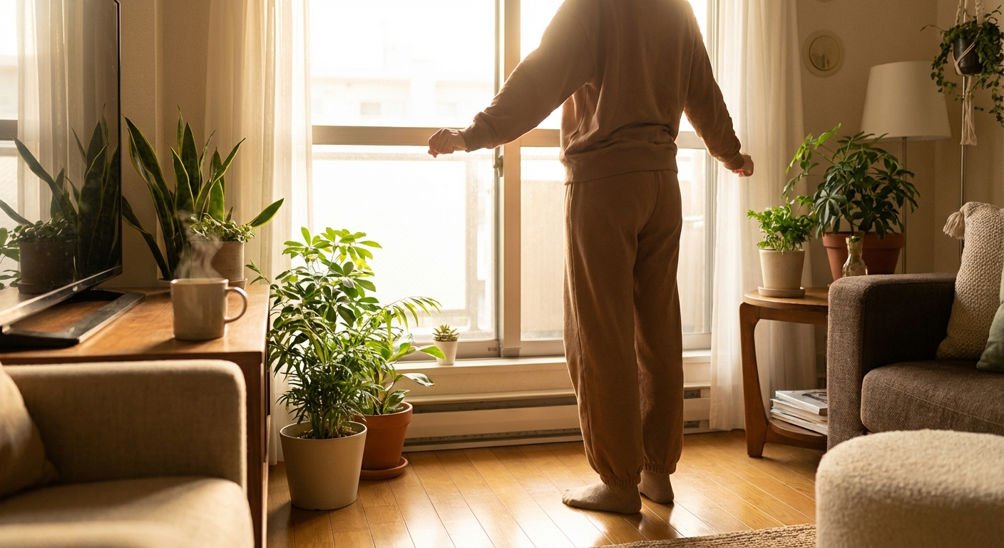 아침 창가에서 스트레칭하는 모습