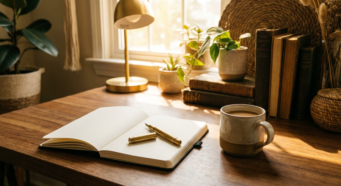 노트와 펜, 따뜻한 조명의 책상