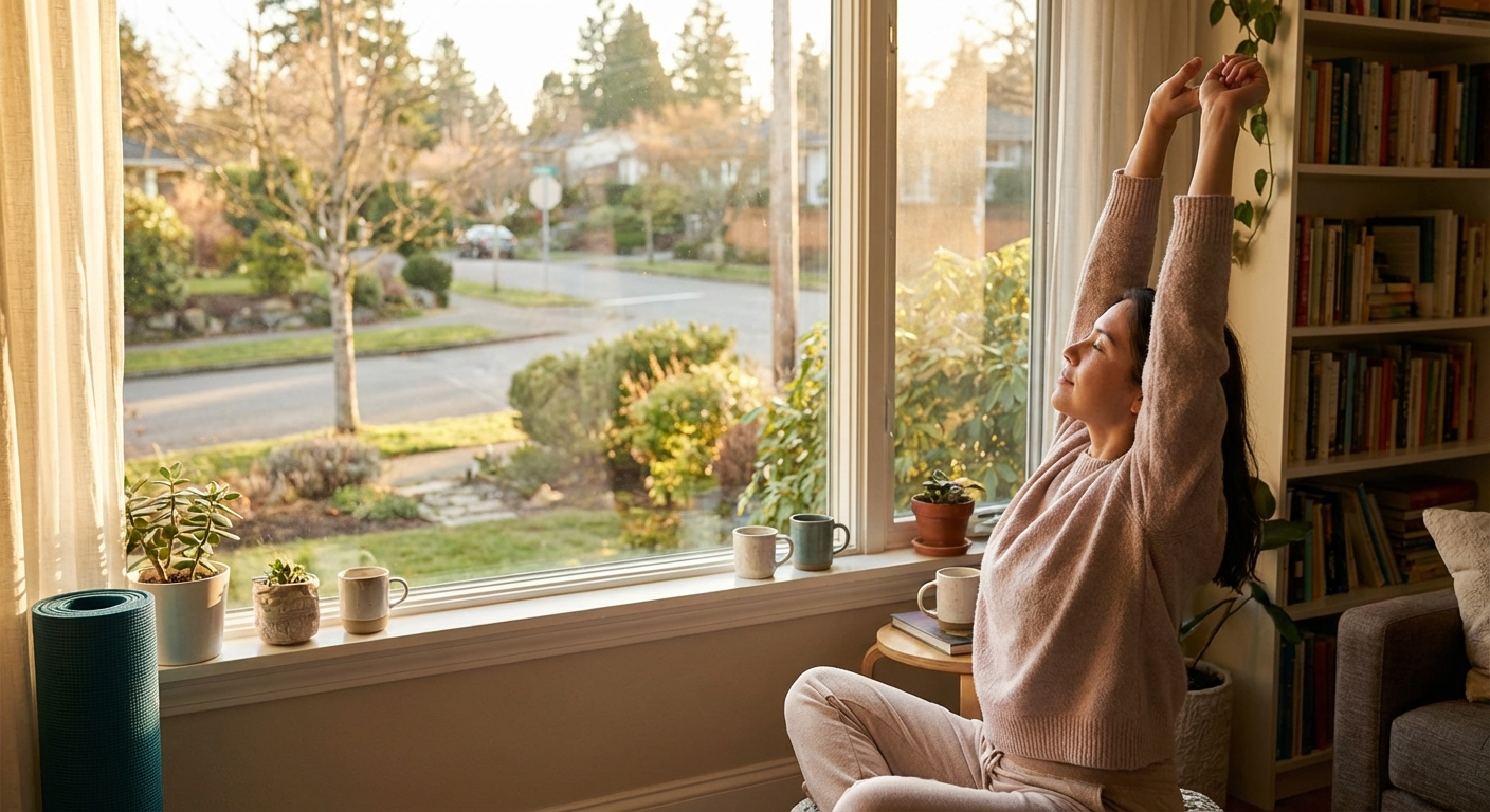 창밖을 바라보며 스트레칭하는 아침 풍경