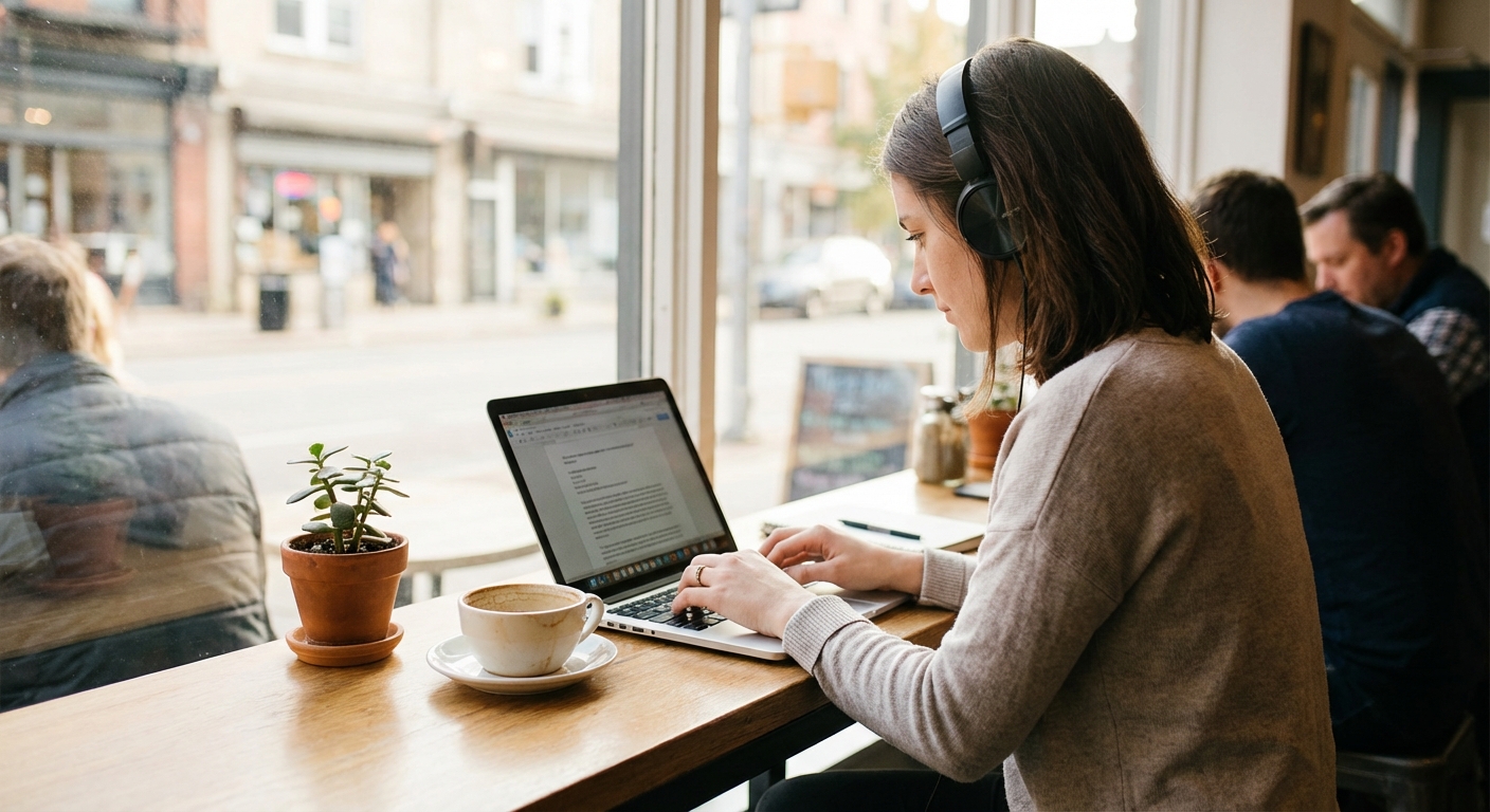 카페에서 노트북 작업하는 모습