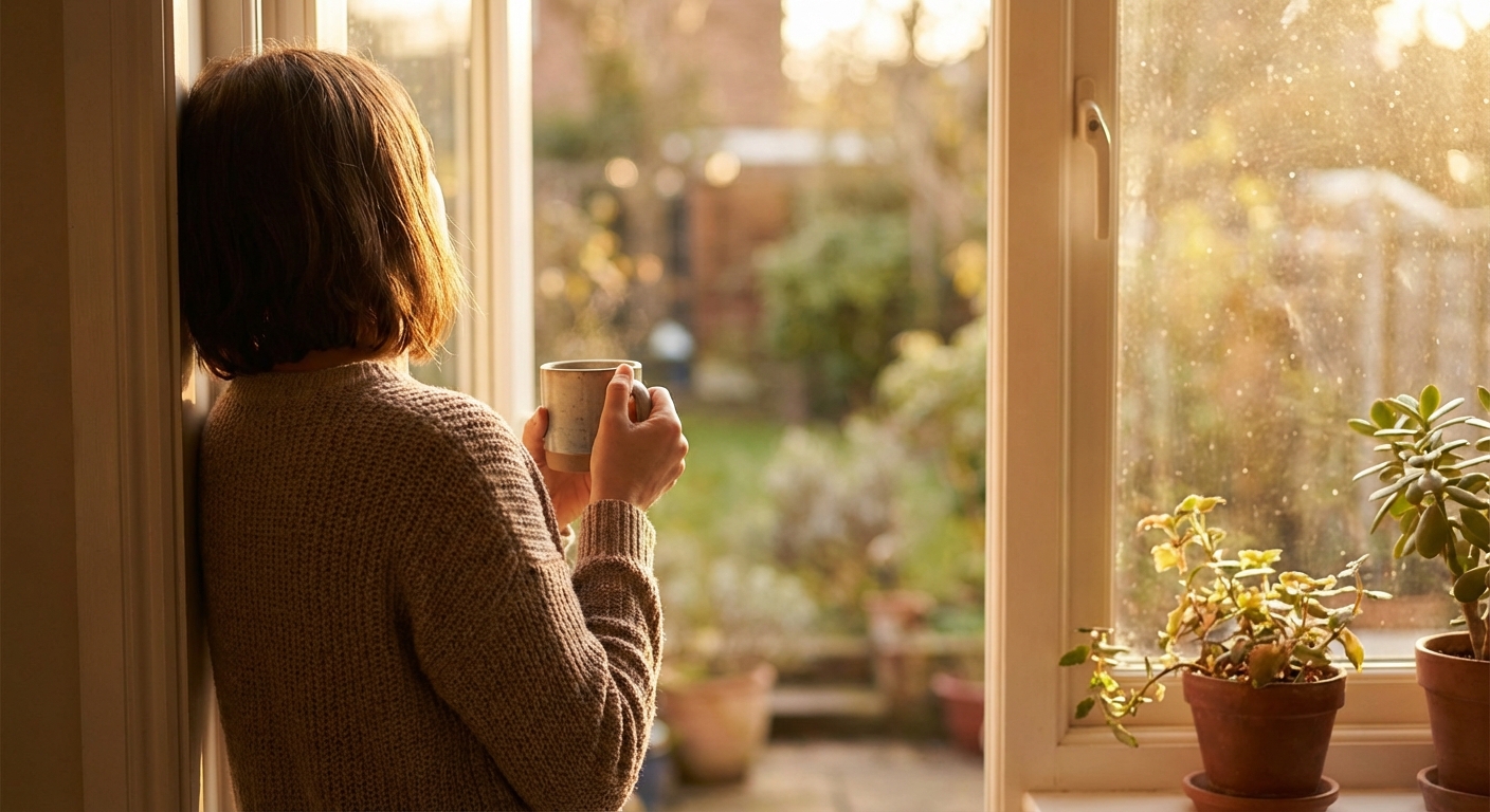 창밖을 바라보며 생각에 잠긴 모습