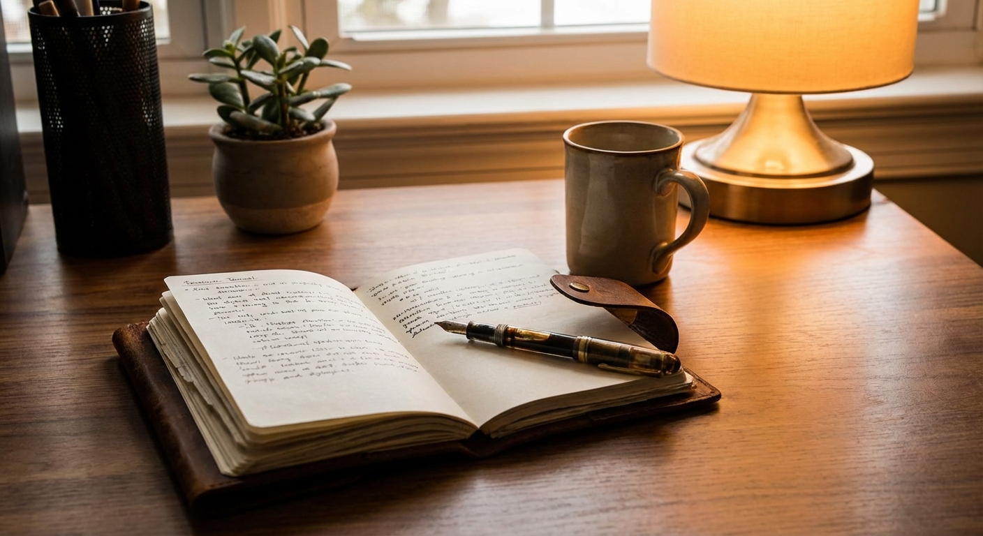 책상 위 노트와 펜, 따뜻한 조명