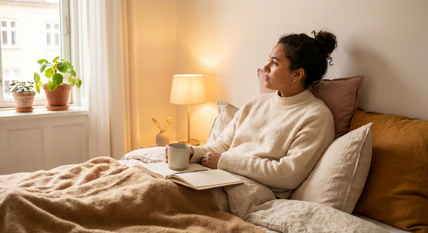 침대에 누워 생각하는 모습