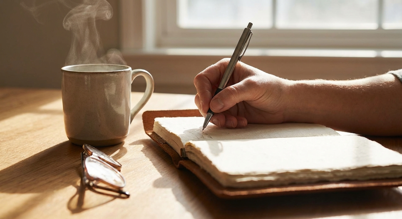 노트에 글 쓰는 장면