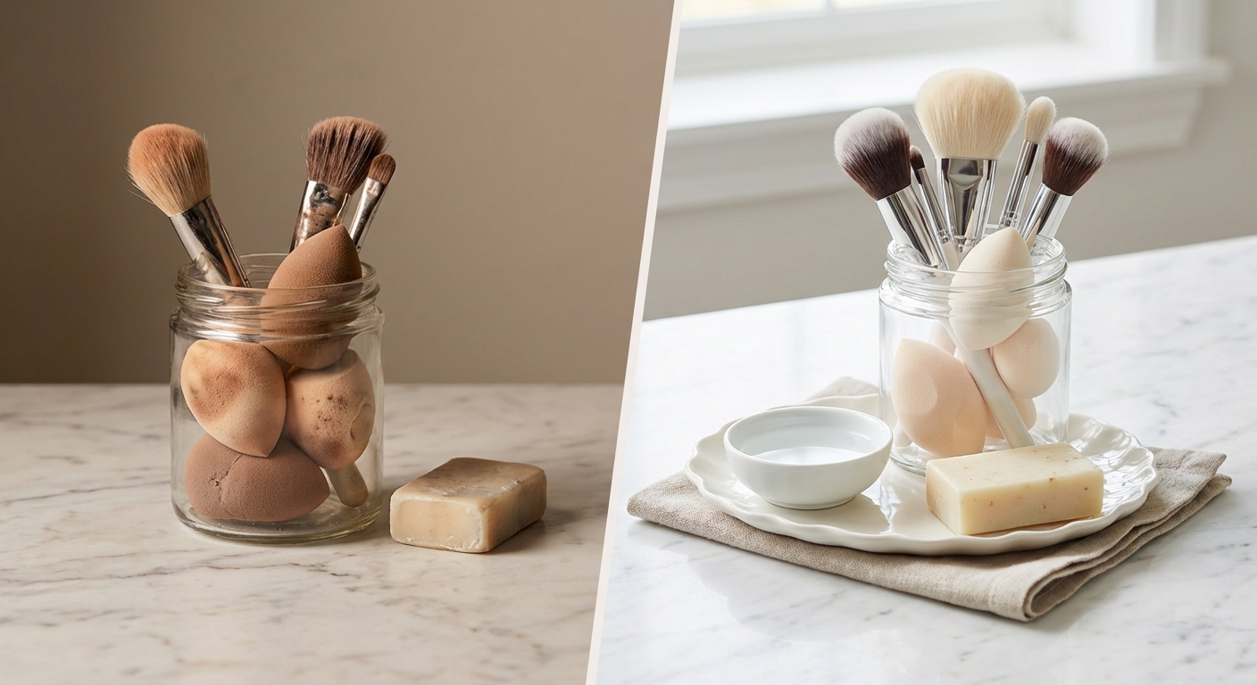 퍼프와 브러쉬 세척 전후 비교 사진