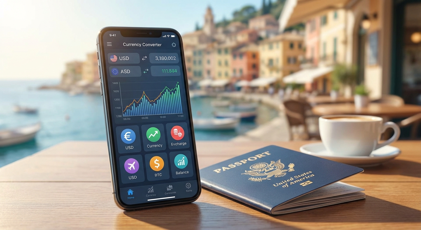스마트폰 환율 앱 화면과 여권이 함께 놓인 장면