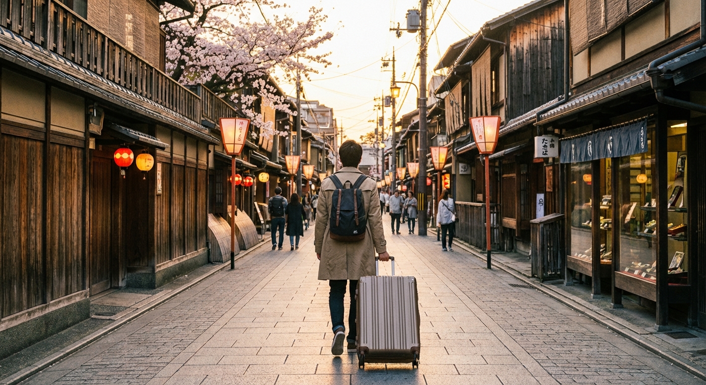 일본 거리 풍경과 여행 가방을 끄는 여행객의 뒷모습